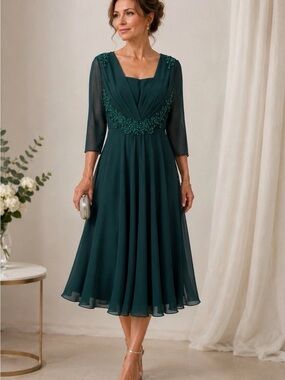 Emerald Green Beaded Chiffon Tea Length Formal Wedding Mother of Bride Dress XL